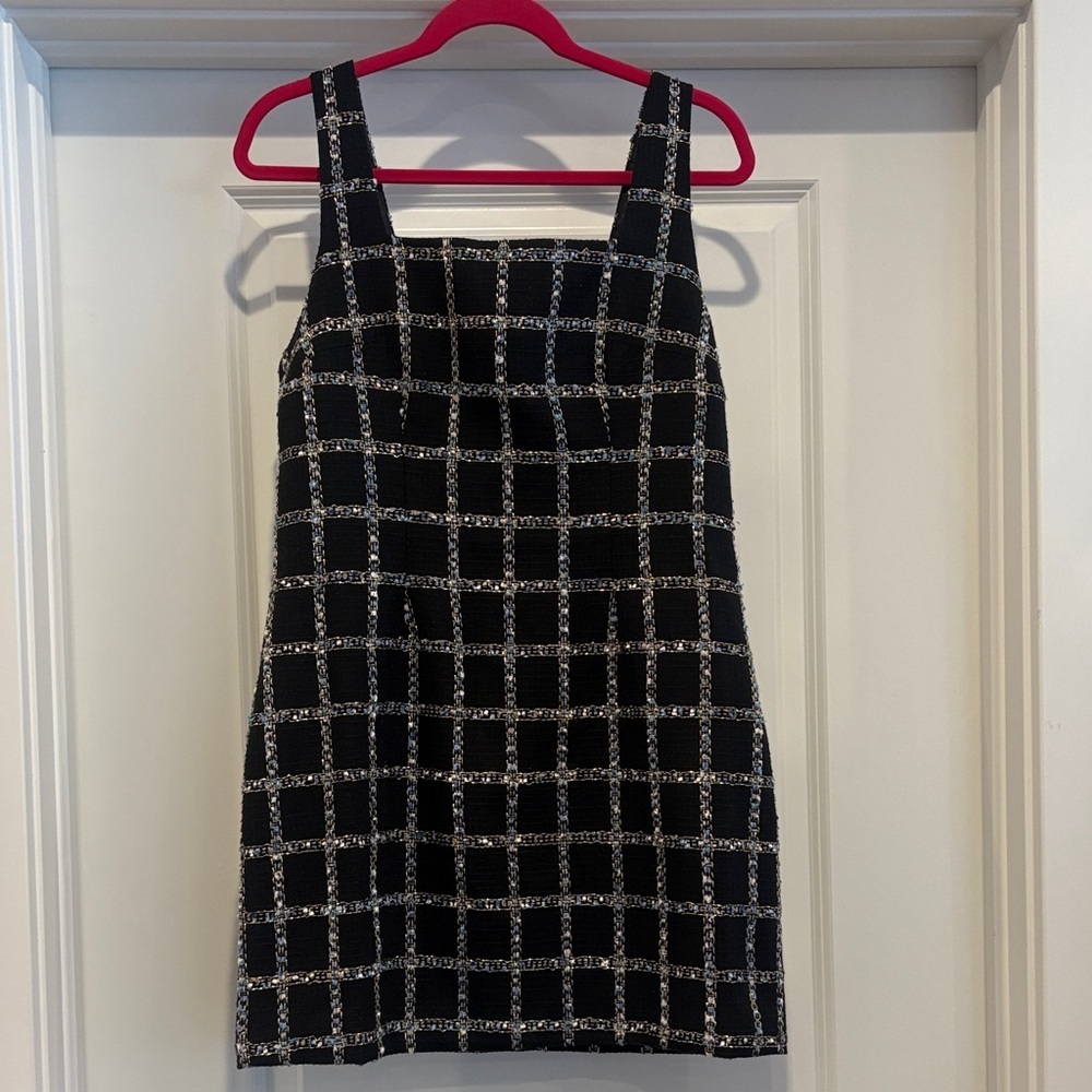 Jason Wu Black and Blue Plaid Beaded Sparkle Wool blend Square neck Dress